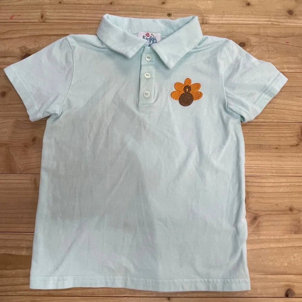 Funfetti Kids Plaid Pajama Set 4T Blue Orange Turkey Applique Polo Shirt‎